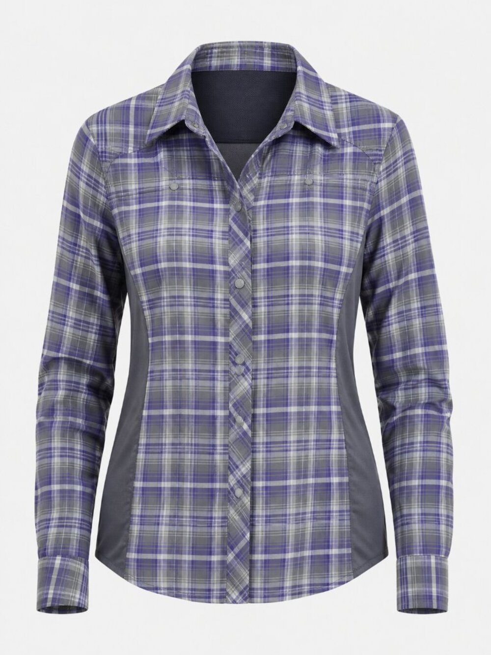 REI Women’s Plaid Snap Up Shirt M Purple Gray Stretch Outdoor Hiking Top